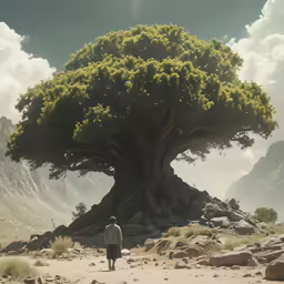 a man standing on top of a dirt field under a tree