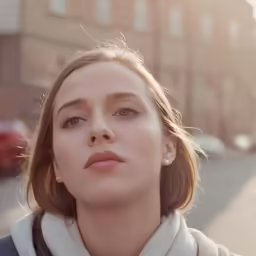 a woman is standing in the street while looking ahead