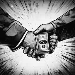 the illustration shows two hands holding out money,two people shake hands on top of each other