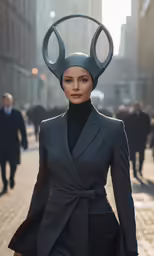 a woman in black clothing standing on a sidewalk