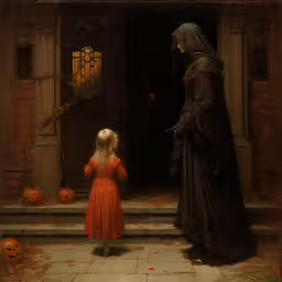 a painting of two women in dresses outside a house,the woman is waiting with her little girl for halloween