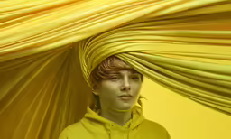 a woman in a yellow outfit and a blanket over her head