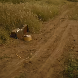 two pieces of luggage are left on the dirt road