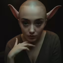 a woman with grey skin and hair is wearing devil ears