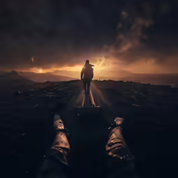 the person is walking alone in the dark