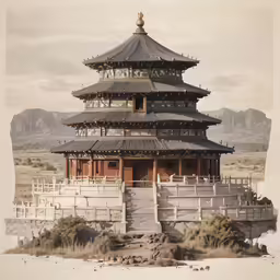 an artistic drawing of a building in the desert