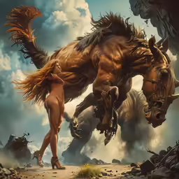the horse and a woman are riding down the hill
