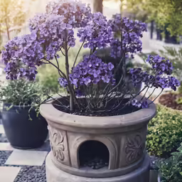an outdoor garden area with various potted plants