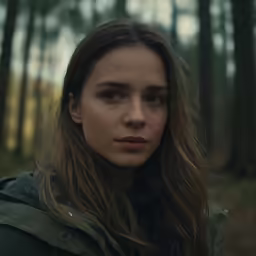 the girl in the forest is looking into the camera