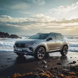a silver car is parked in the water