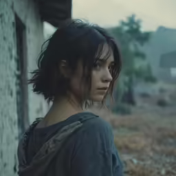 a woman looks off into the distance