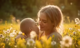 woman and small child lying in a field of wildflowers