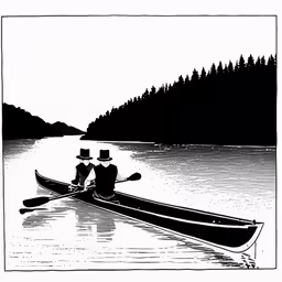 two people in canoes with trees and mountains in background
