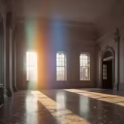 an empty room with several windows and a suitcase in it
