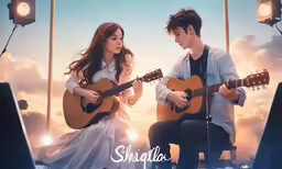 a man and a woman holding guitars while playing music