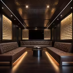 a large, luxurious home theater has a seating area