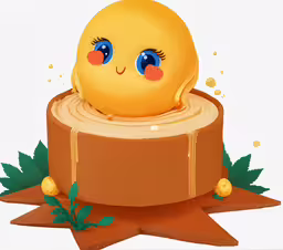 a cartoon yellow character sits atop of a wood log with leaves,a yellow bird sits atop an upside down object