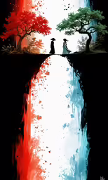 a painting depicting a couple sitting on a cliff, and the trees reflected in the water