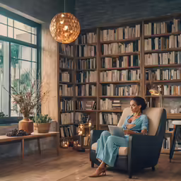 a woman sitting in an armchair and looking out the window