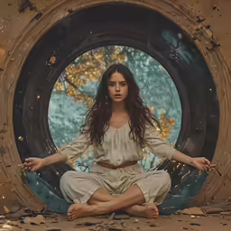 a woman is sitting in front of a hole with her hands up