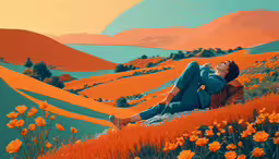 a person laying down in the grass,a painting of a woman on the ground surrounded by flowers