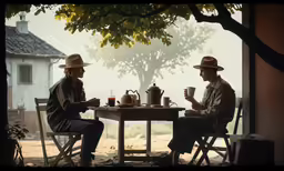 two men sitting at a table, with their cups on a sunny day