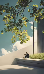 the man sits on a concrete ledge by some plants and rocks