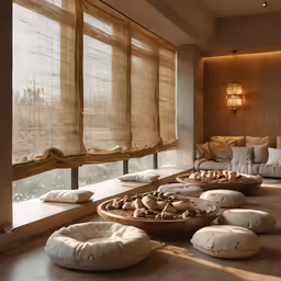 some white pillows and many brown windows