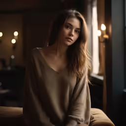 a woman in a tan sweater posing on a couch