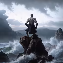 a man standing on top of a large tiger standing on top of rocks