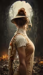 a woman standing in the woods and wearing a hat