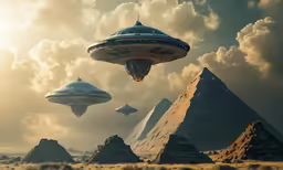 a group of alien ships flying over mountains