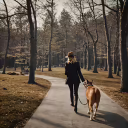woman walking with her dog on pathway in public park
