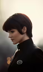 a person with a black top and bangs