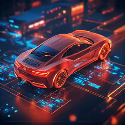 the new concept car, pictured here with glowing lights, sits atop an illuminated circuit