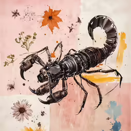 a black scorpion on some dirty paint and flowers