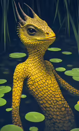 a yellow dragon with large spikes on its head is in the water surrounded by lily pads