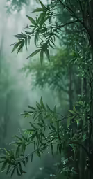 leaves are seen growing in the foggy forest