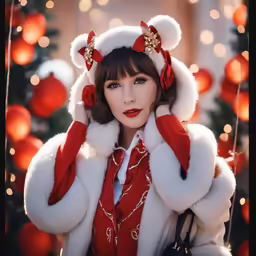 a woman in santa hat and coat wearing furry stole