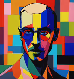 an abstract portrait with colored blocks surrounding it,the portrait of a man in glasses has colorful squares