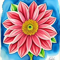 a painting of a large pink flower on blue,an artistically designed pink flower on a blue background,a flower painting on blue and green watercolor paper,pink flower with green stems in the middle on blue background,a watercolor painting of a pink flower with green leaves