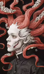 a painting with multiple hairs and a black background