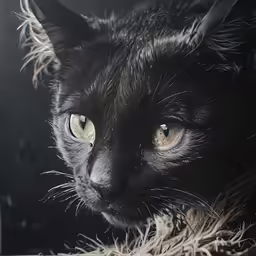 a black cat with golden eyes stares off in the distance