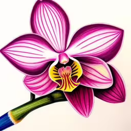 an orchid painted on paper next to blue paint,a colorful flower drawn in colored pencils