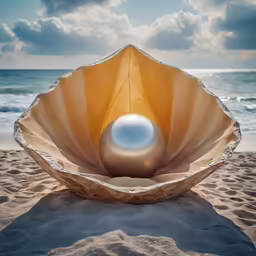 a sphere sits atop a shell on the beach