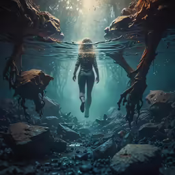 underwater scene with a person submerged in water