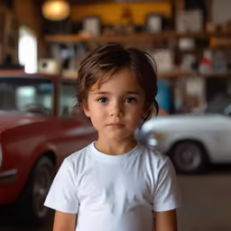 the little girl has two vintage cars in the background