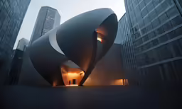 a couple of buildings in the background at night
