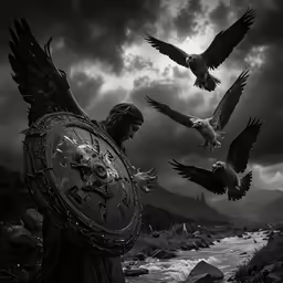 a man holding an open circle of clock with many birds flying around