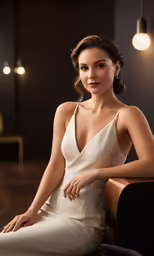a woman sitting on top of a chair wearing a white dress